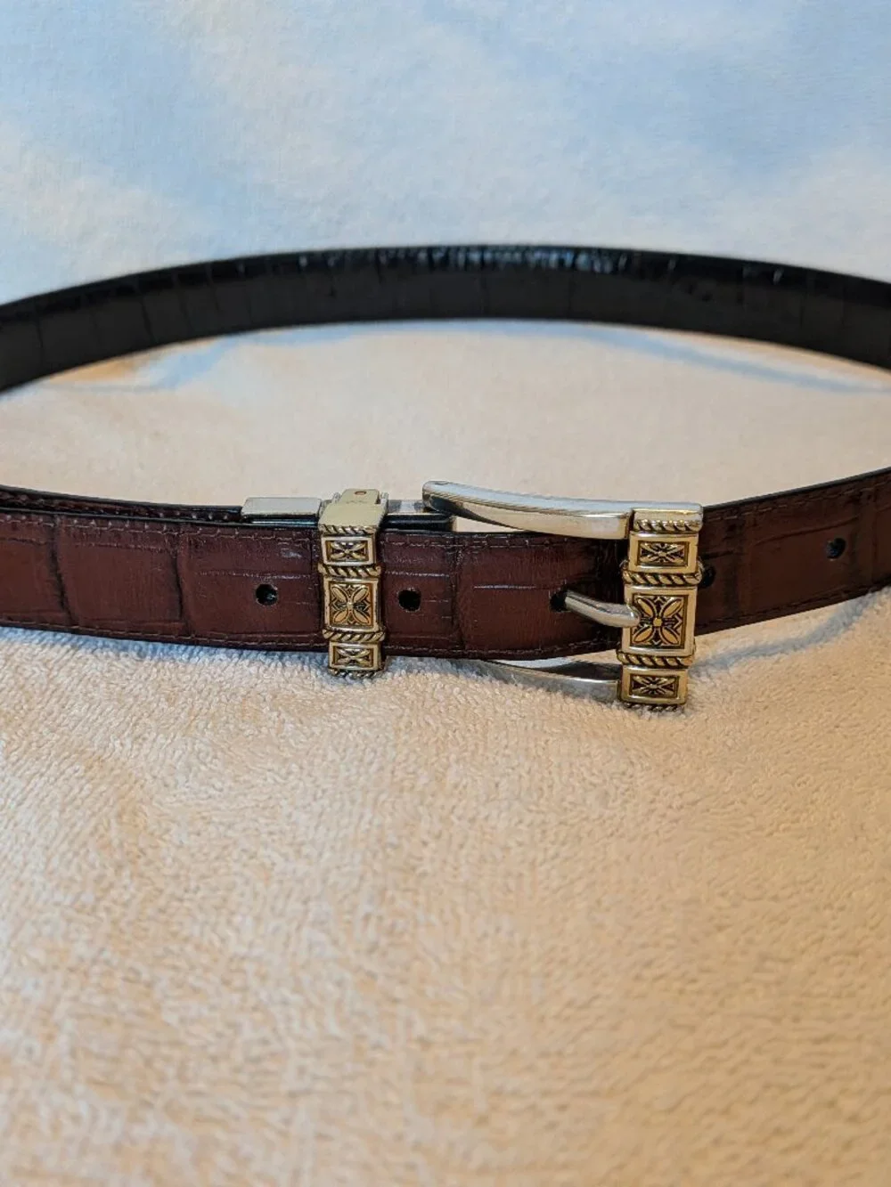 Brighton Belt Medium 30 Reversible Black Brown Croc Embossed Silver Gold Floral